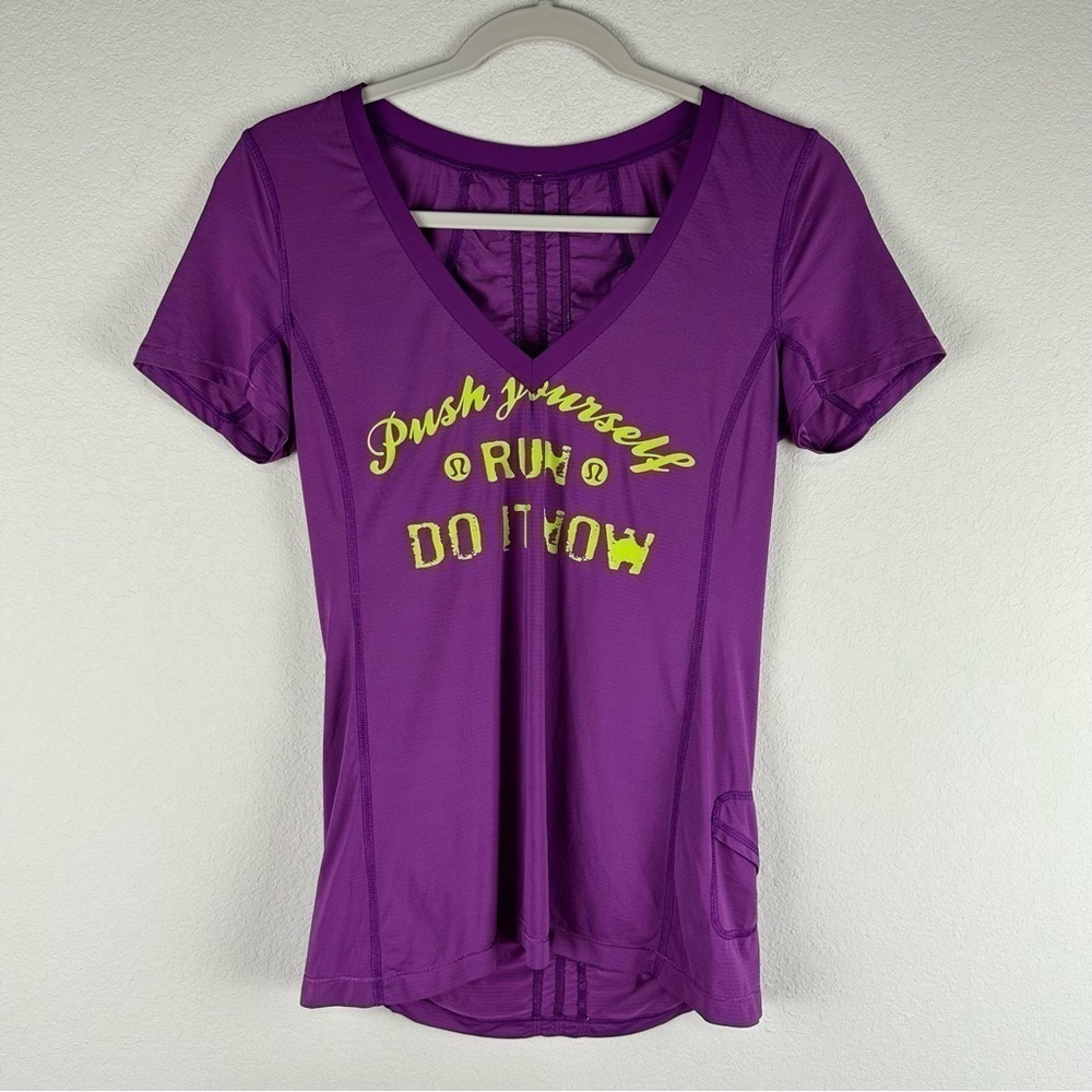 Lululemon Purple Green Yellow Short Sleeve Push Yourself Run Do It Now Tee 6